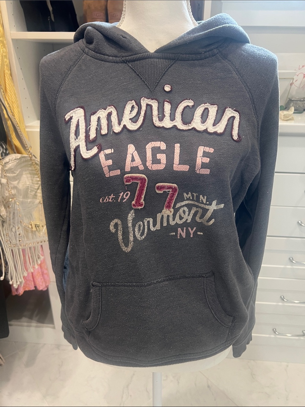 American Eagle Outfitters Dark Gray Hoodie with Pink & Cream Lettering